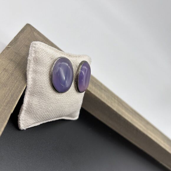 Phosphosiderite Or Amethyst Earrings Sterling Silver Signed Oval Stud Vintage - Picture 3 of 13